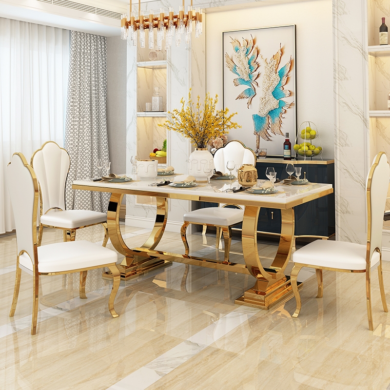 Luxury home furniture dining table modern dining table 6-8 seats marble top gold stainless steel din
