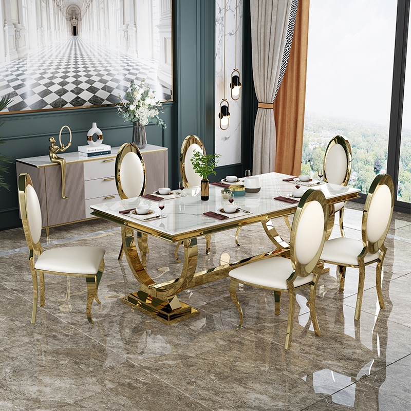 Luxury home furniture dining table modern dining table 6-8 seats marble top gold stainless steel din