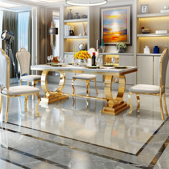 Luxury home furniture dining table modern dining table 6-8 seats marble top gold stainless steel din