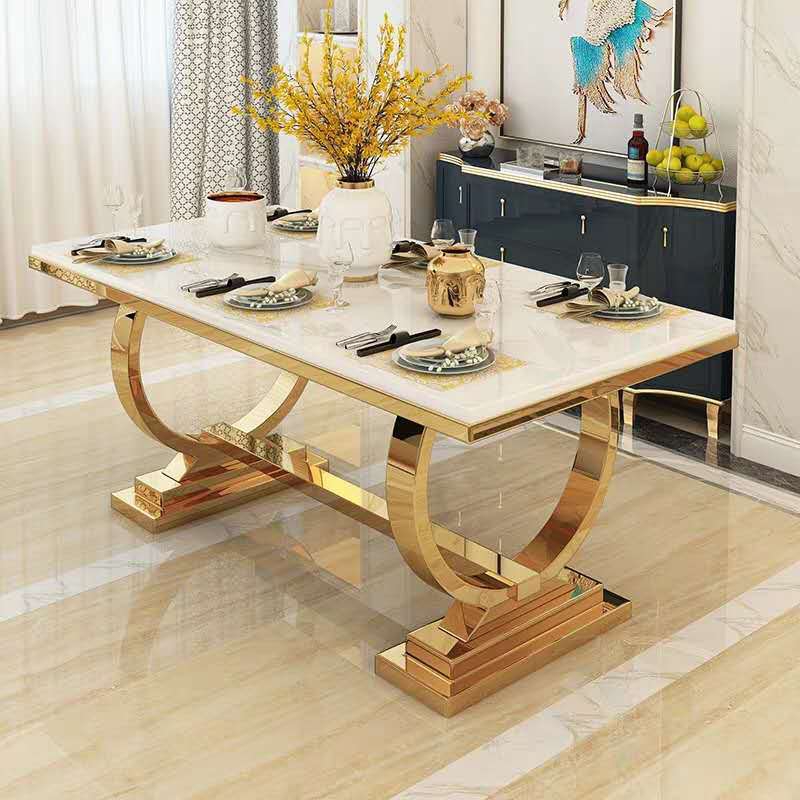 Luxury home furniture dining table modern dining table 6-8 seats marble top gold stainless steel din