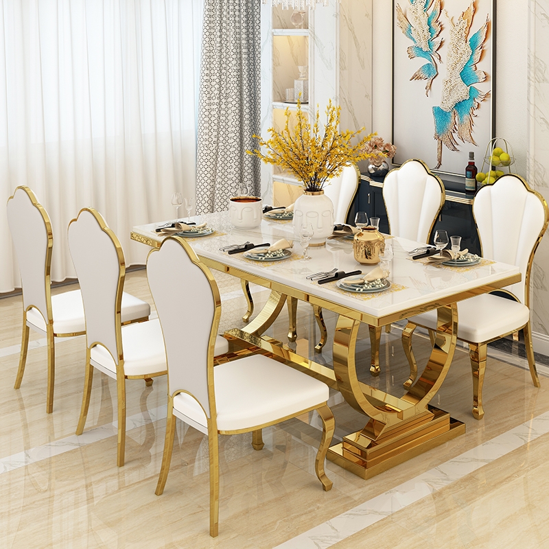 Luxury home furniture dining table modern dining table 6-8 seats marble top gold stainless steel din