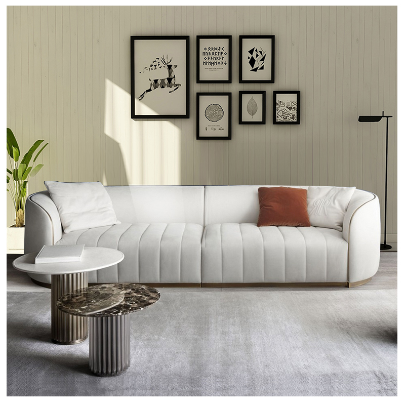 Luxury elegant design stainless steel u shape sofa living room furniture velvet white sofa set furni