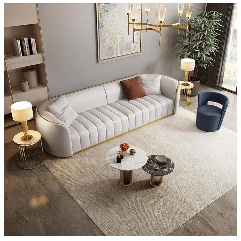 Luxury elegant design stainless steel u shape sofa living room furniture velvet white sofa set furni