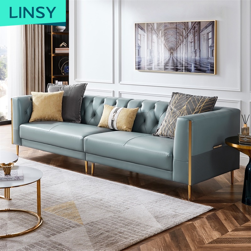 Linsy Home Furniture House Luxury Sala Beige 7 Seater Sectional Chesterfield Genuine Leather Sofa Se