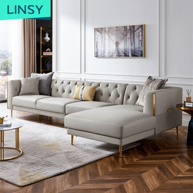 Linsy Home Furniture House Luxury Sala Beige 7 Seater Sectional Chesterfield Genuine Leather Sofa Se