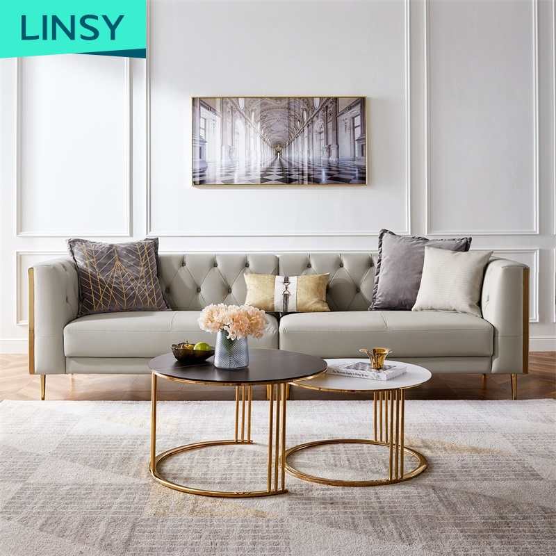 Linsy Home Furniture House Luxury Sala Beige 7 Seater Sectional Chesterfield Genuine Leather Sofa Se