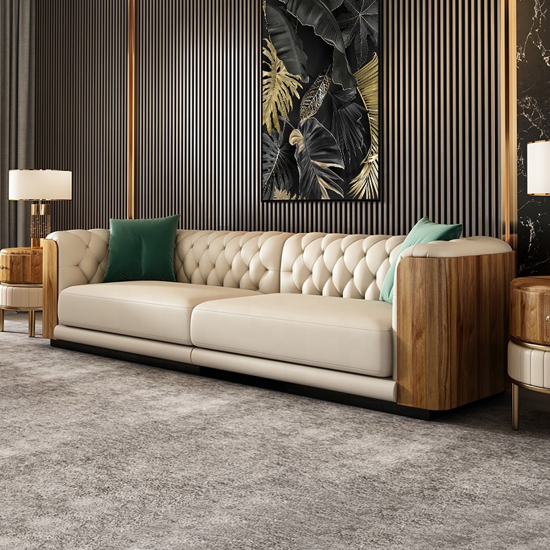 Luxury and elegant design ebony wood living room high quality leather sofa set furniture