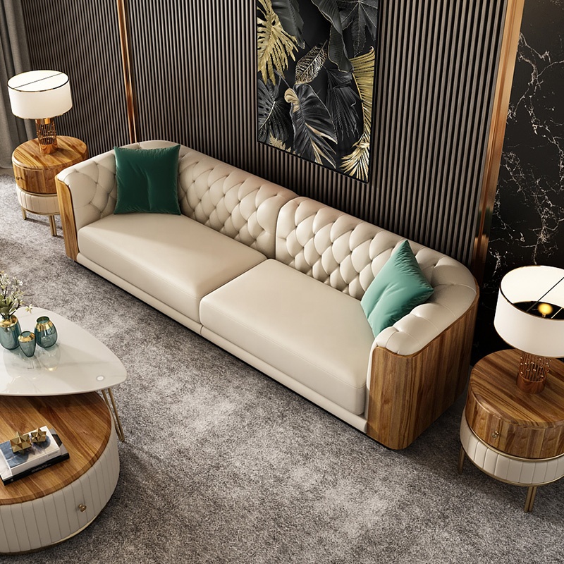 Luxury and elegant design ebony wood living room high quality leather sofa set furniture