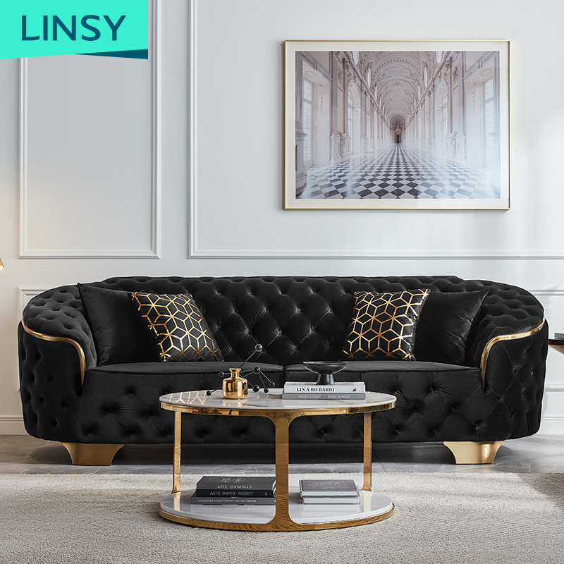 Linsy Nice Black 2Seat Velvet 3 4 Seat Fabric Sofa Home Soft Luxury Couch Chesterfield Sofa Living R