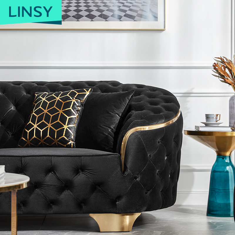 Linsy Nice Black 2Seat Velvet 3 4 Seat Fabric Sofa Home Soft Luxury Couch Chesterfield Sofa Living R