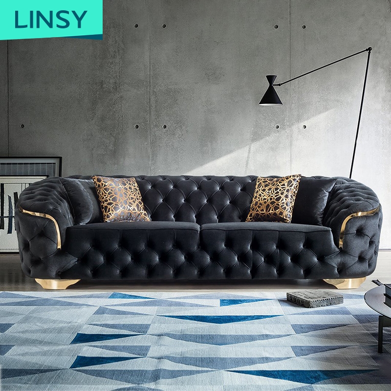 Linsy Nice Black 2Seat Velvet 3 4 Seat Fabric Sofa Home Soft Luxury Couch Chesterfield Sofa Living R