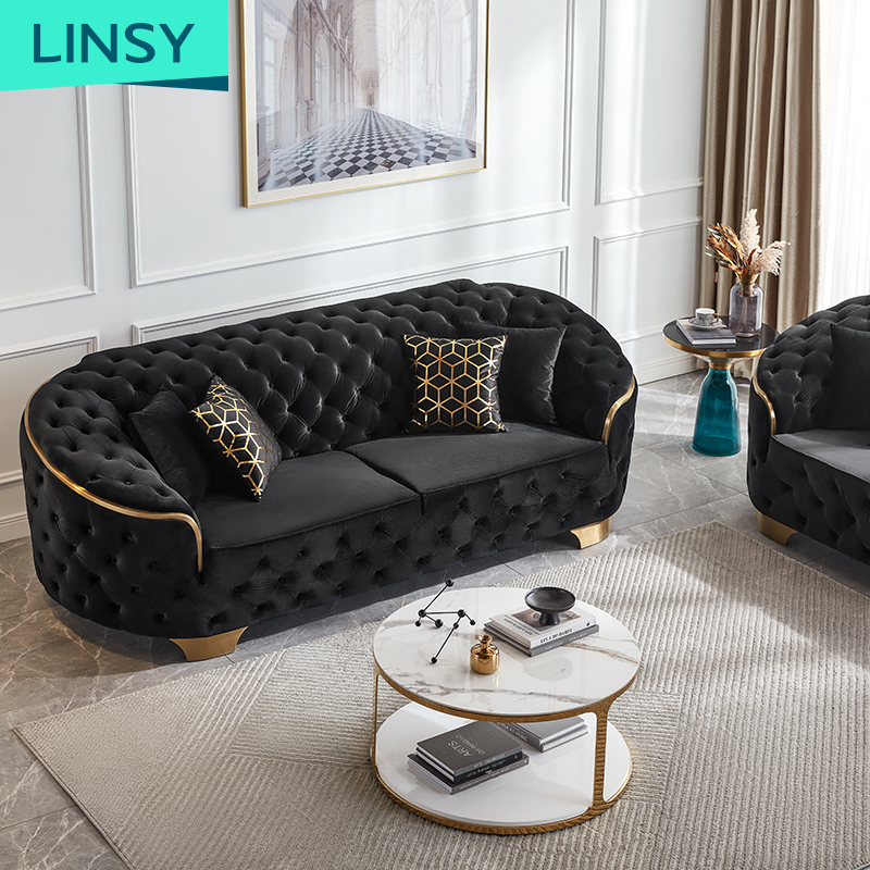 Linsy Nice Black 2Seat Velvet 3 4 Seat Fabric Sofa Home Soft Luxury Couch Chesterfield Sofa Living R