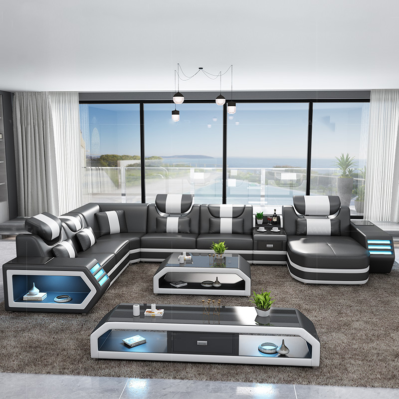 2021 CBMMART top quality living room furniture LED lamps top quality real leather couch living room 