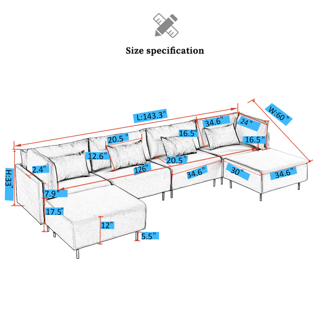 Hot Sale Modern Linen U Shape Modular Sofa with Ottoman Living Room Furniture
