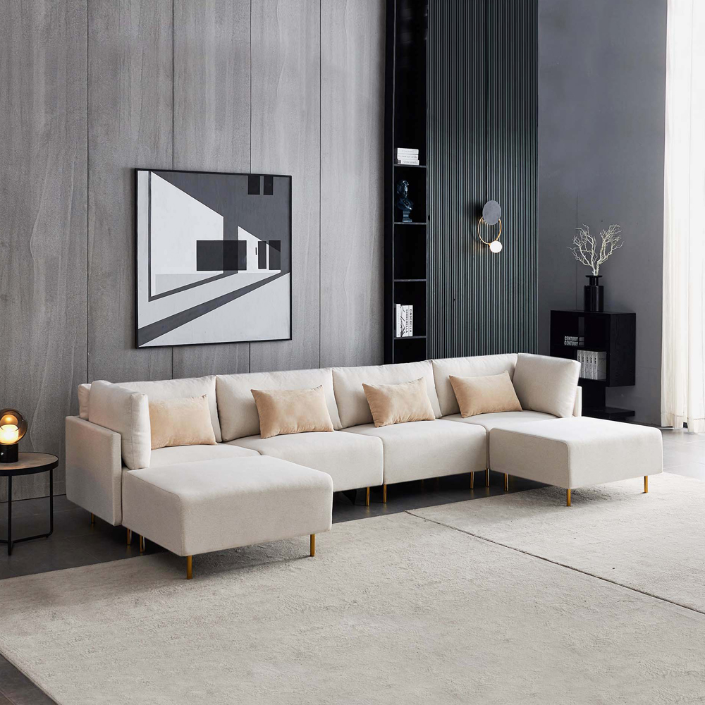 Hot Sale Modern Linen U Shape Modular Sofa with Ottoman Living Room Furniture