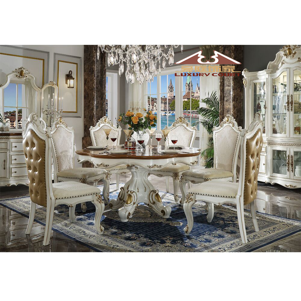 Luxury European wood golden elegant dinning table set 6 seater design home royal dining room furnitu