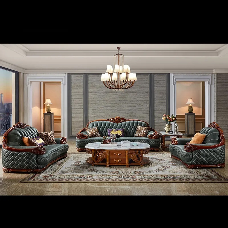European-style sofa large apartment villa living room solid wood carved cowhide American sofa 123 co