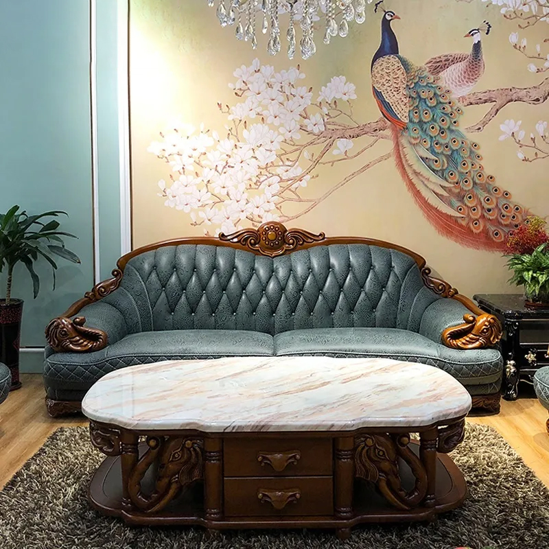 European-style sofa large apartment villa living room solid wood carved cowhide American sofa 123 co