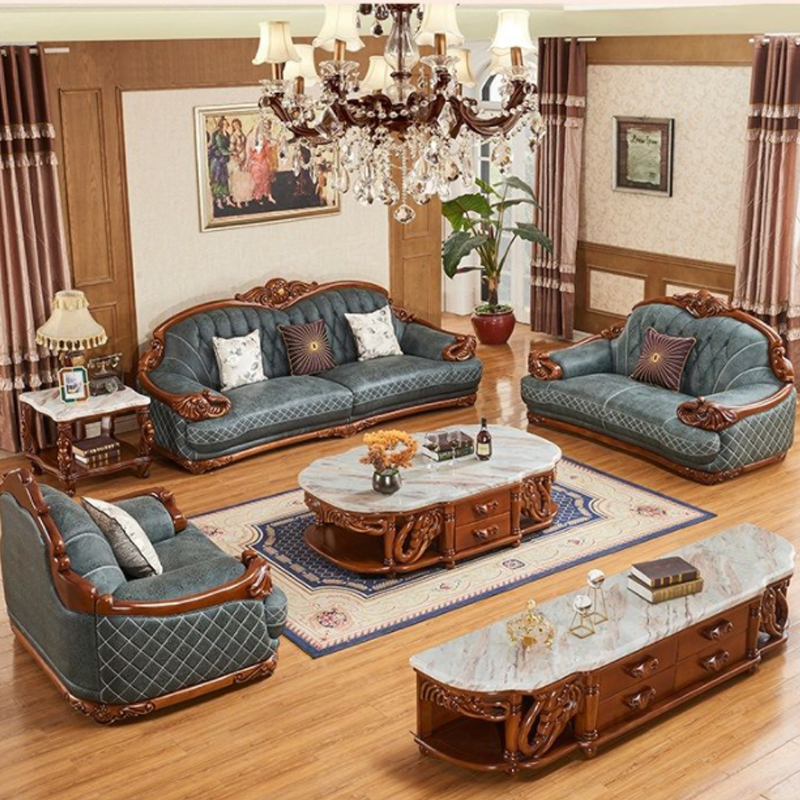 European-style sofa large apartment villa living room solid wood carved cowhide American sofa 123 co