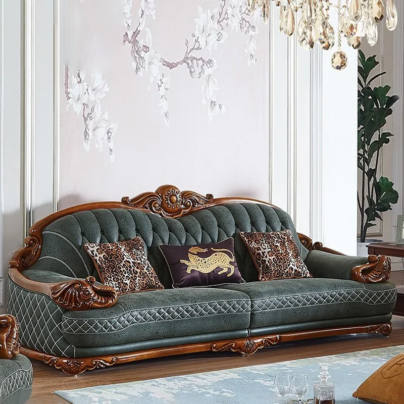 European-style sofa large apartment villa living room solid wood carved cowhide American sofa 123 co