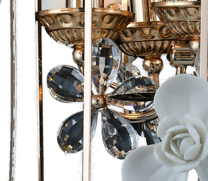 Hanging Light Sphere Birdcage Whit Crystal Petals,Modern Ceramic Roses Iron Candle Chandelier Lighti