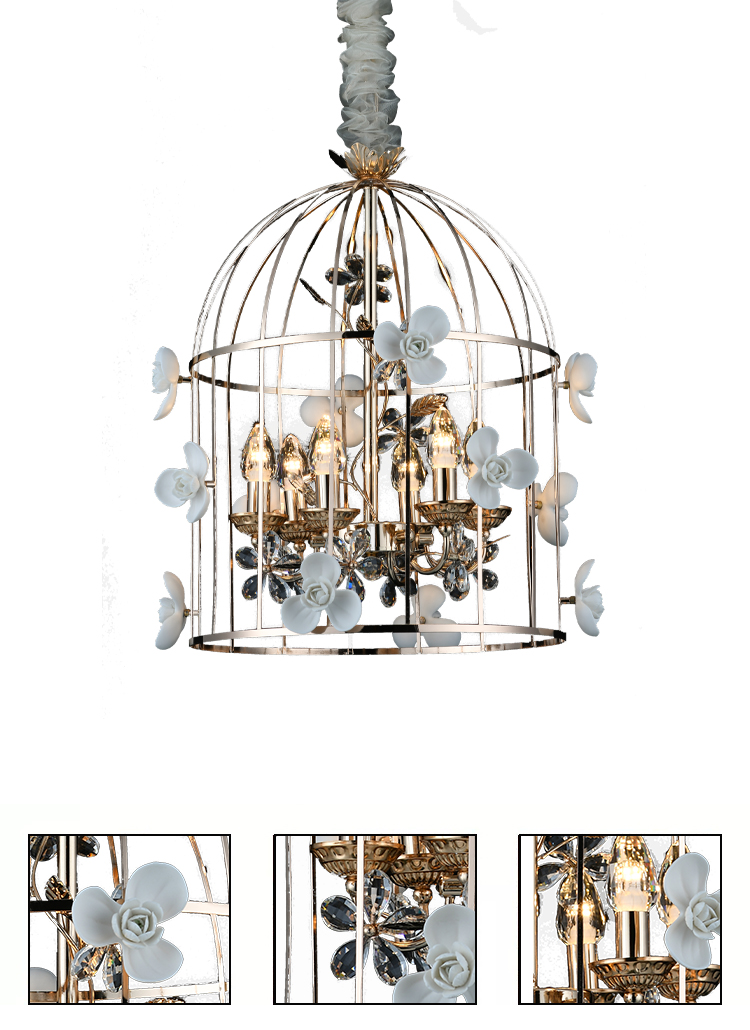 Hanging Light Sphere Birdcage Whit Crystal Petals,Modern Ceramic Roses Iron Candle Chandelier Lighti