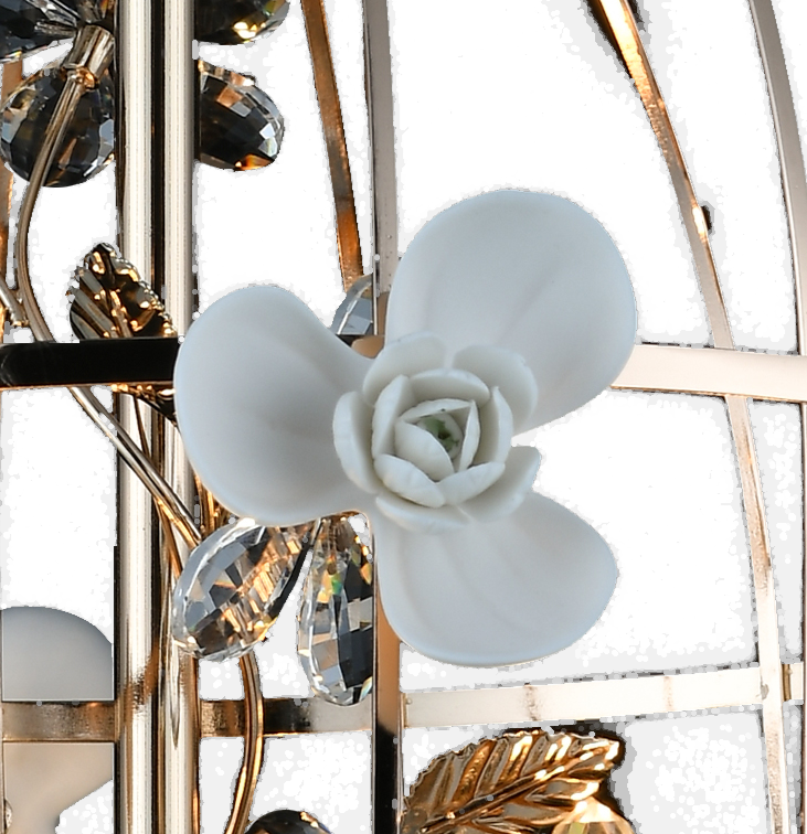 Hanging Light Sphere Birdcage Whit Crystal Petals,Modern Ceramic Roses Iron Candle Chandelier Lighti