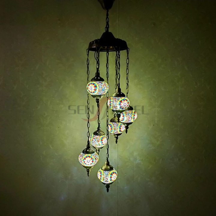 Traditional Luxury Antique 7 Balls Mosaic Glass Turkish Hanging Lamp for Hotel