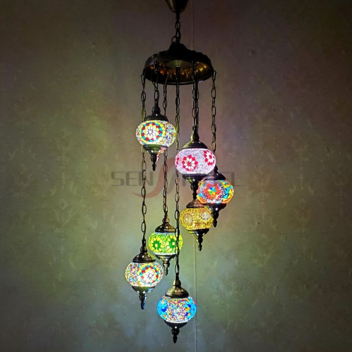 Traditional Luxury Antique 7 Balls Mosaic Glass Turkish Hanging Lamp for Hotel