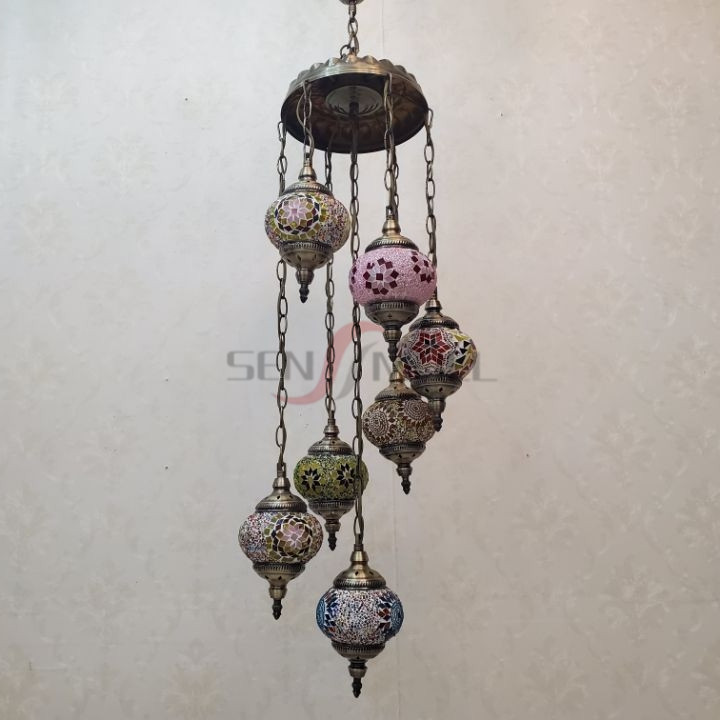 Traditional Luxury Antique 7 Balls Mosaic Glass Turkish Hanging Lamp for Hotel
