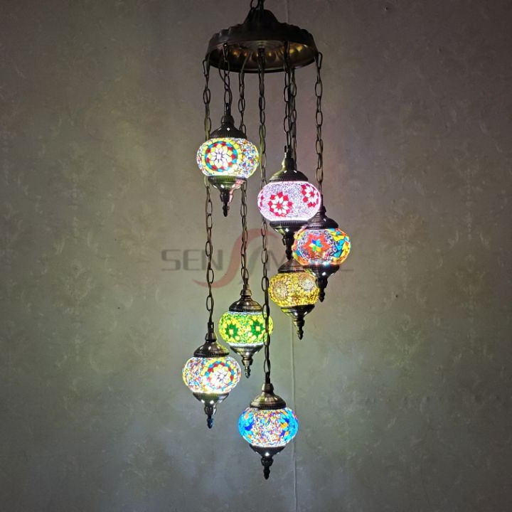 Traditional Luxury Antique 7 Balls Mosaic Glass Turkish Hanging Lamp for Hotel