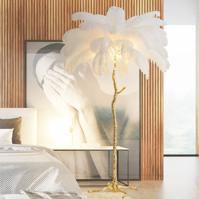 Modern Home Decoration Palm Tree Brass Gold Chandelier Ostrich Feather Stand Floor Lamp