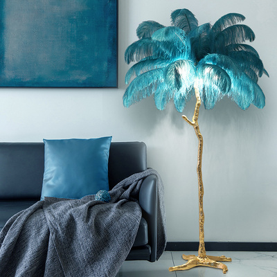 Modern Home Decoration Palm Tree Brass Gold Chandelier Ostrich Feather Stand Floor Lamp