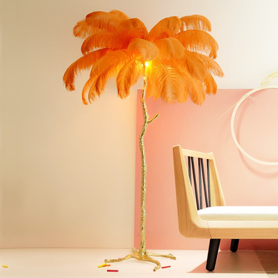 Modern Home Decoration Palm Tree Brass Gold Chandelier Ostrich Feather Stand Floor Lamp