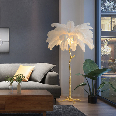 Modern Home Decoration Palm Tree Brass Gold Chandelier Ostrich Feather Stand Floor Lamp