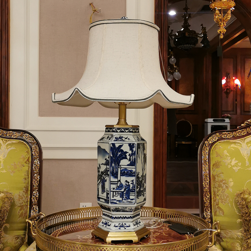 Modern blue and white porcelain ceramic table lamp bedside lamp with copper base