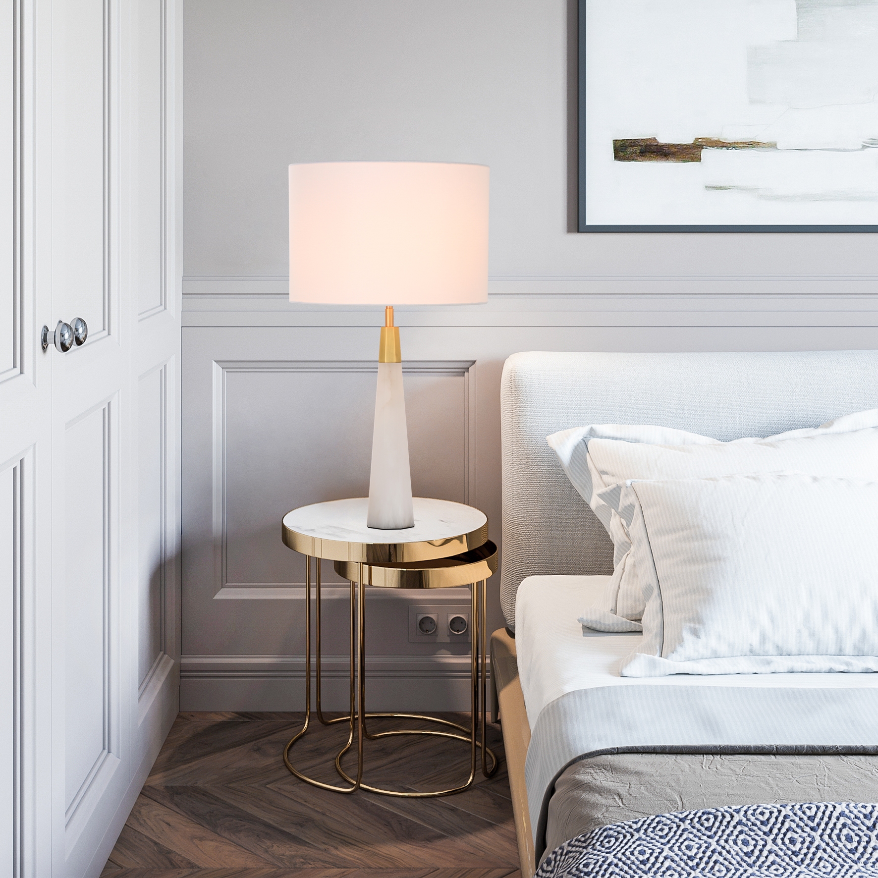 Luxury classic alabaster table lamp with fabric shade for livingroom bedroom bedside