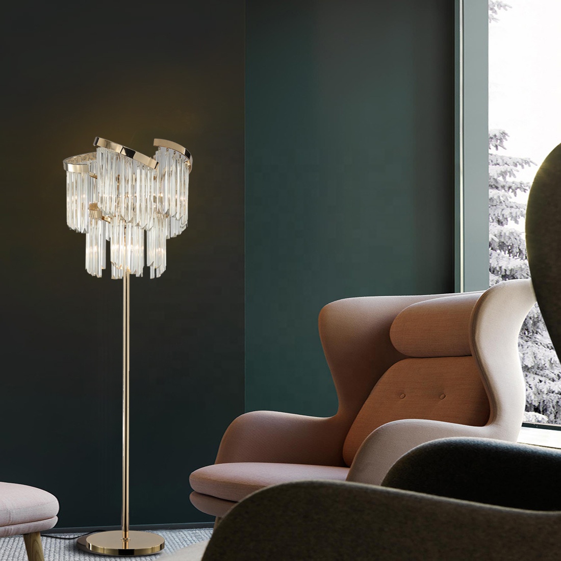 Best-selling Gold Crystal Lamp Luxury Flower Glass  Living Room with Gold Floor Lamps
