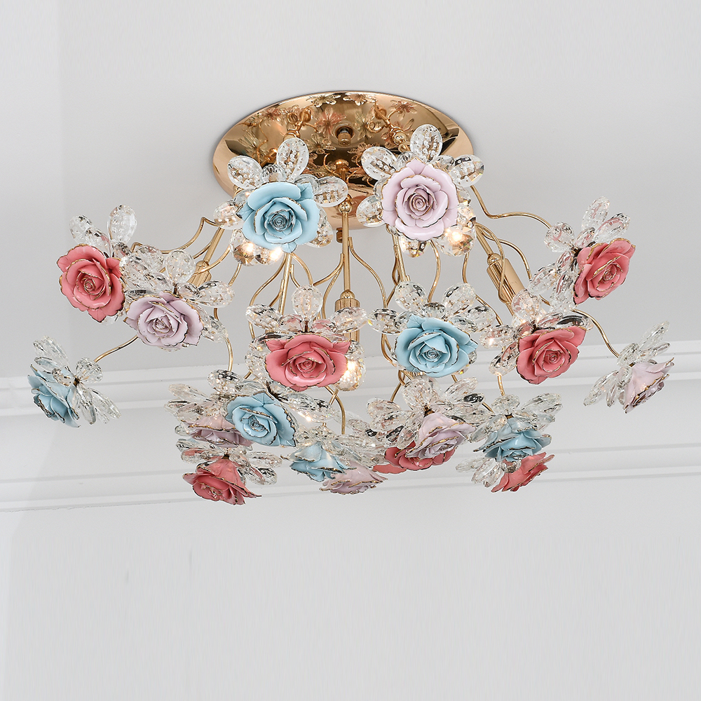 Ceramic Flower Bouquet 3 Heads Small Wrought Iron Pendant Lamps Lighting Chandelier for Bedroom Dini