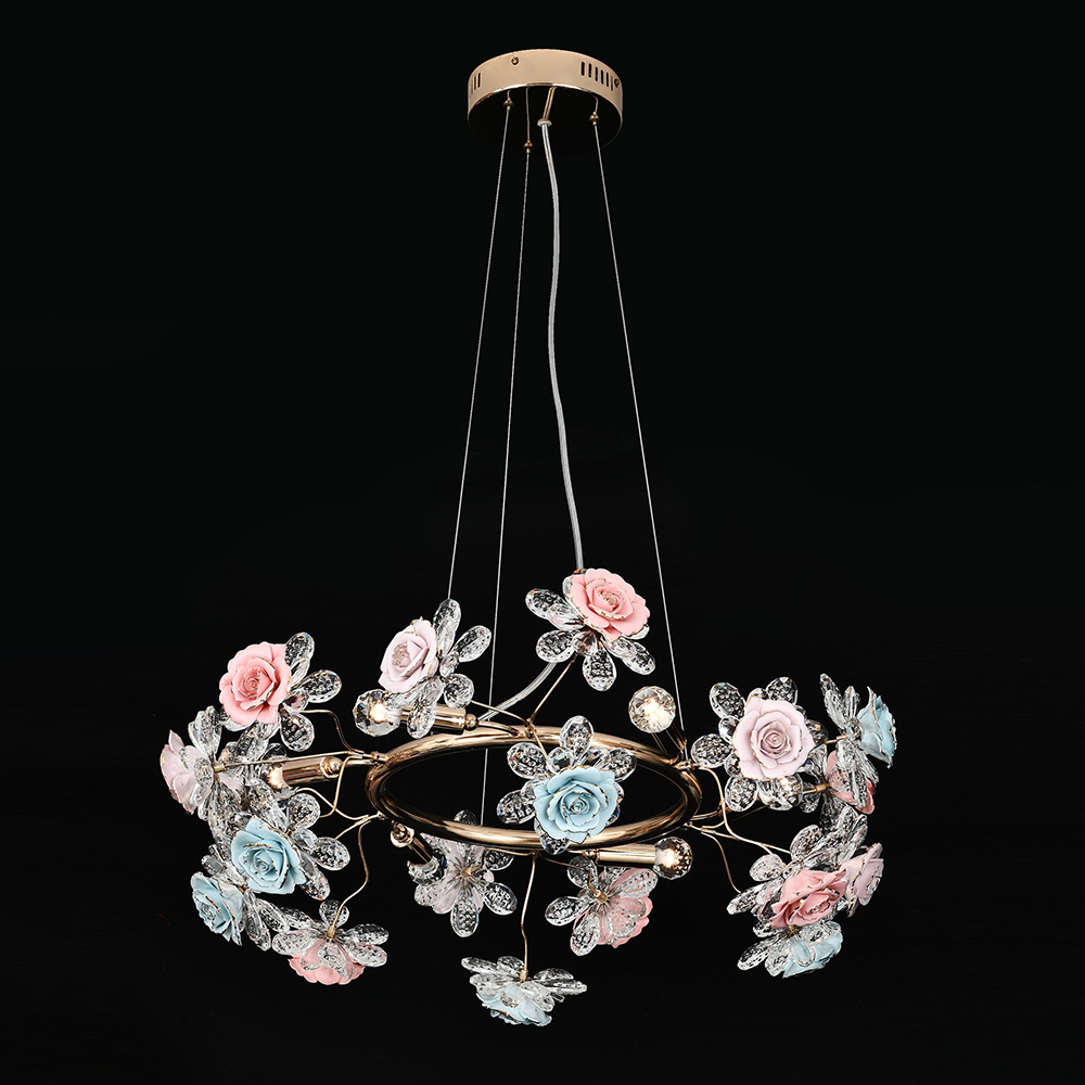Ceramic Flower Bouquet 3 Heads Small Wrought Iron Pendant Lamps Lighting Chandelier for Bedroom Dini
