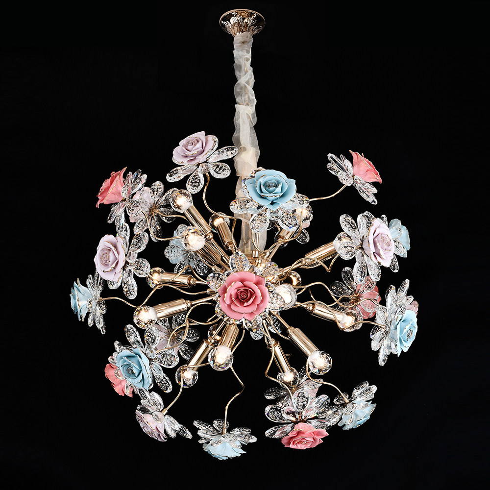 Ceramic Flower Bouquet 3 Heads Small Wrought Iron Pendant Lamps Lighting Chandelier for Bedroom Dini