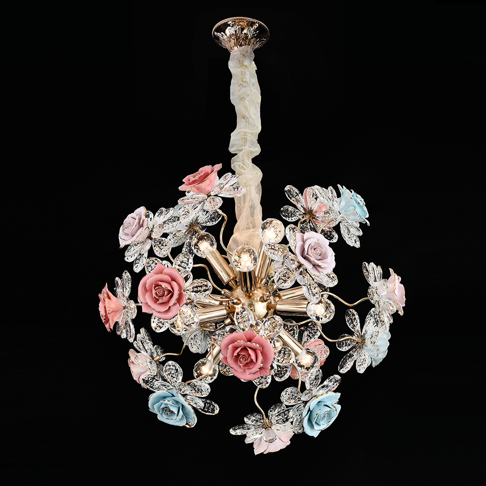 Ceramic Flower Bouquet 3 Heads Small Wrought Iron Pendant Lamps Lighting Chandelier for Bedroom Dini