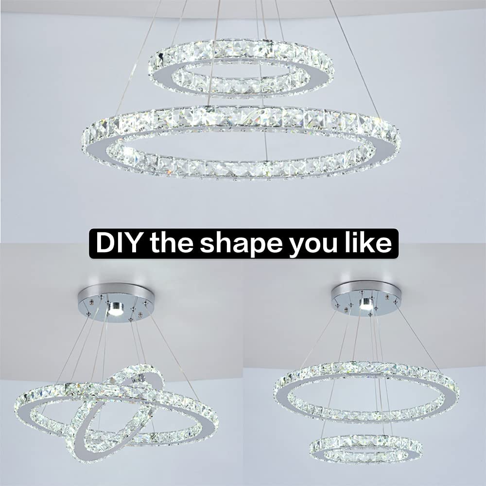 Modern Led Crystal Metal Ceiling Lamp Pendant Lamp Contemporary 2 Rings Adjustable Stainless Steel C