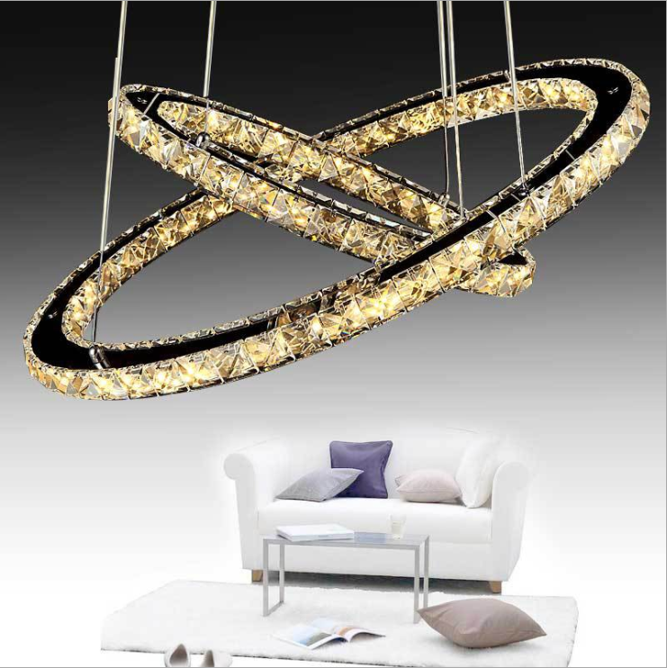 Modern Led Crystal Metal Ceiling Lamp Pendant Lamp Contemporary 2 Rings Adjustable Stainless Steel C