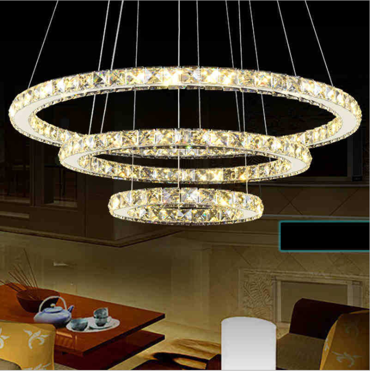 Modern Led Crystal Metal Ceiling Lamp Pendant Lamp Contemporary 2 Rings Adjustable Stainless Steel C