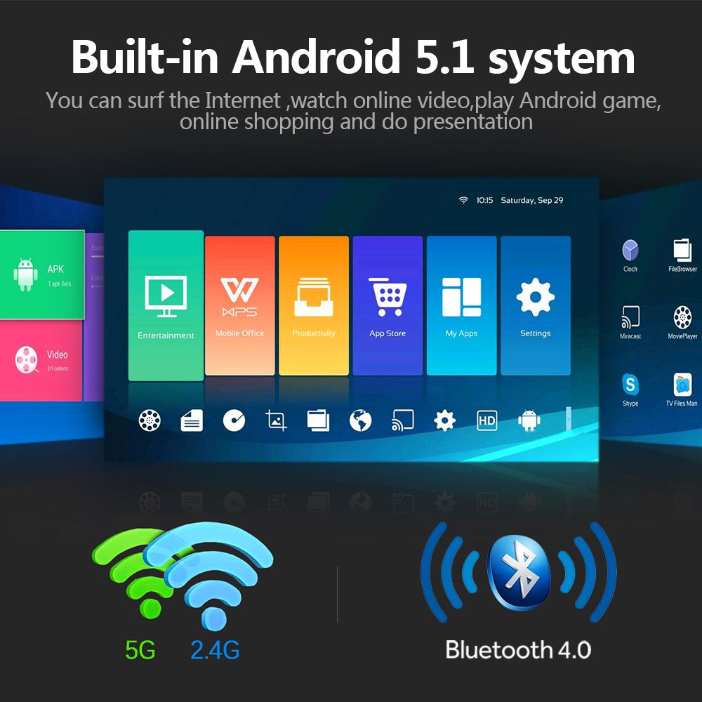 AUN Smart Projector H1, 1280x800dpi. Memory: 2G+16G. Build in Android, WIFI, MINI LED Projector.  Ho