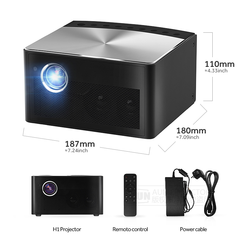 AUN Smart Projector H1, 1280x800dpi. Memory: 2G+16G. Build in Android, WIFI, MINI LED Projector.  Ho