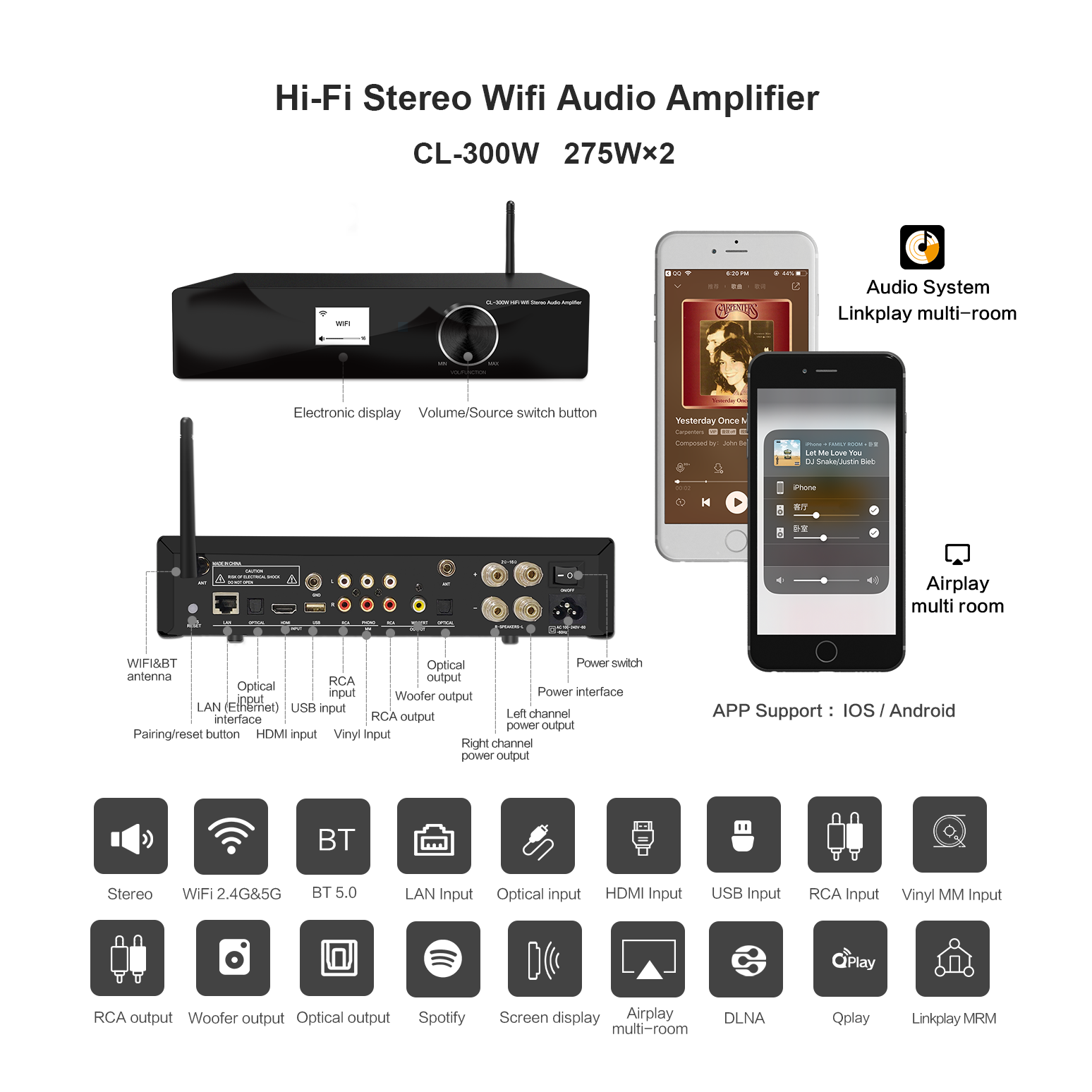 hot sales  Stereo Amplifier WIFI  BT  HiFi  Optical USB LAN phono Input Stream Lossless wireless sma