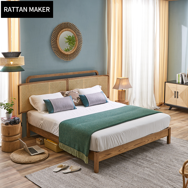 Home Furniture Factory Direct Modern Bedroom Furniture rattan wooden Double Bed