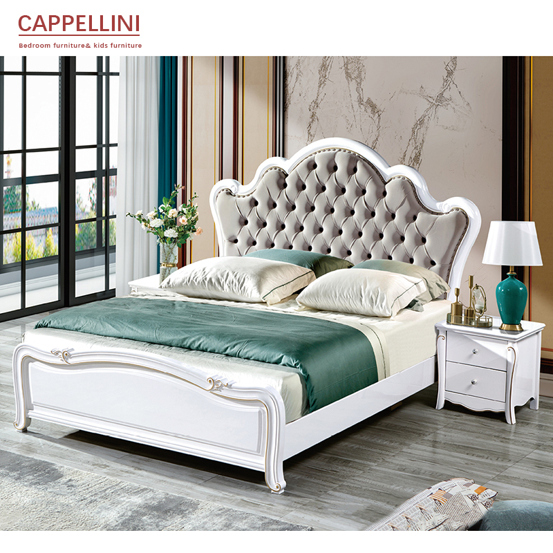 Luxury Antique European Style Solid Wood King Size Bed with 2 Side Table Bedroom Furniture